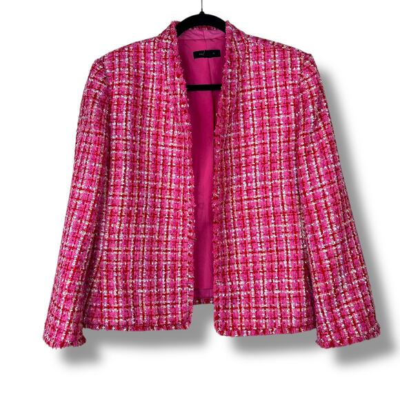 Ann Taylor NWOT The Cutaway Pink Red Fringe Tweed Open Front Jacket Size 12 - Picture 4 of 10